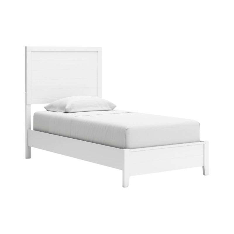 a white bed with a white headboard