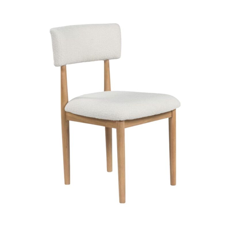 silla tapizada en tela blanca, con patas madera