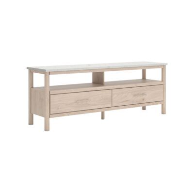 mesa de tv crema con luz y tope blanco